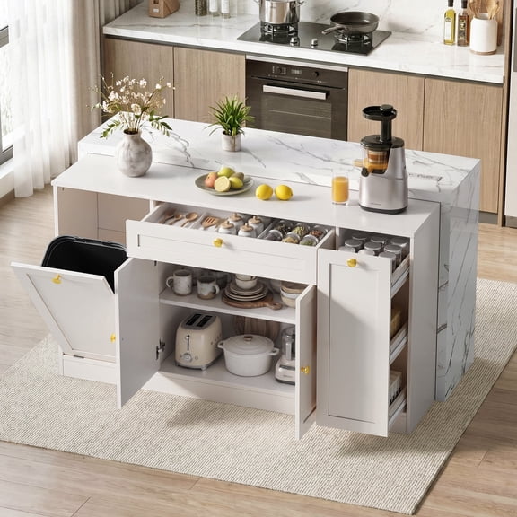 ROGALIS 63"Kitchen Island with Storage, Marble Countertop, Built-in Power Outlet, USB Charging & Trash Cabinet, Multi-Use Island Table for Kitchen Dining Room Living Room,White
