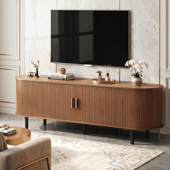 ROGALIS 70.8-Inch TV Stand with Built-in Power Outlet, Compatible with TVs Up to 75 Inches, Modern Entertainment Center with Adjustable Shelves, Storage Space, and Sliding Doors, Walnut