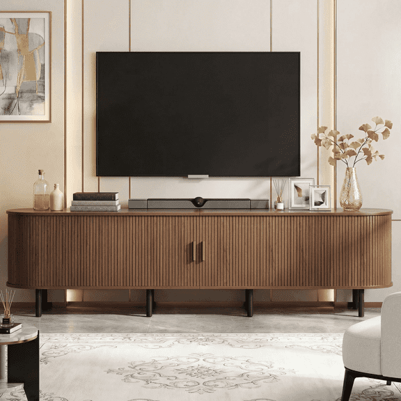 ROGALIS 86.6-Inch TV Stand with Built-in Power Outlet, Compatible with TVs Up to 90 Inches, Modern Entertainment Center with Adjustable Shelves, Storage Space, and Sliding Doors, Walnut