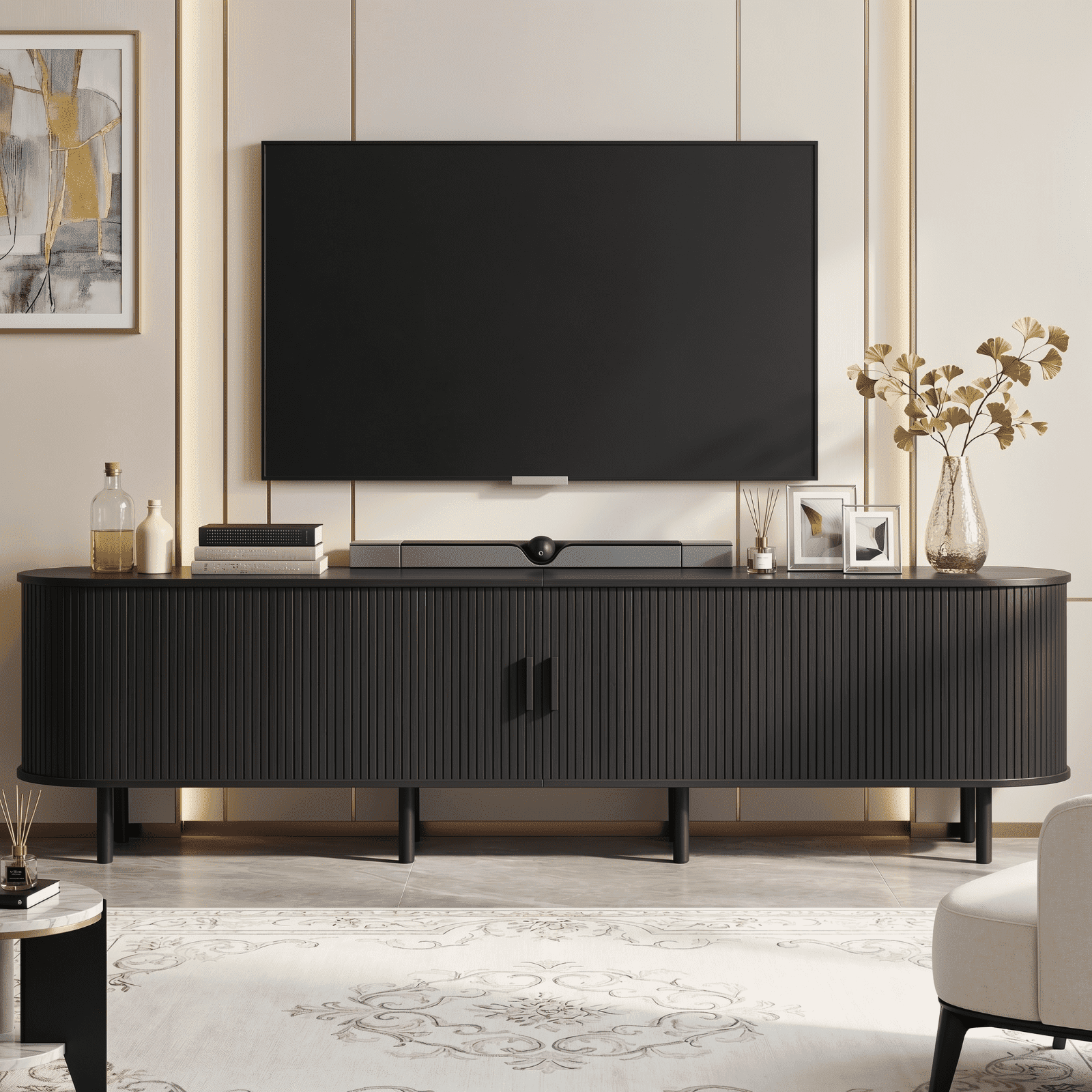 ROGALIS 86.6-Inch TV Stand with Built-in Power Outlet, Compatible with TVs Up to 90 Inches, Modern Entertainment Center with Adjustable Shelves, Storage Space, and Sliding Doors, Black
