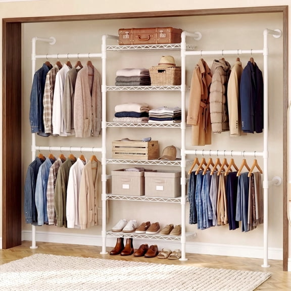 ROGALIS H3 Wall Mounted Closet System, Expandable Industrial Pipe Clothes Rack Clothing Rack for Hanging Clothes, Heavy Duty Closet Organizers and Storage in Wardrobe Closet, White