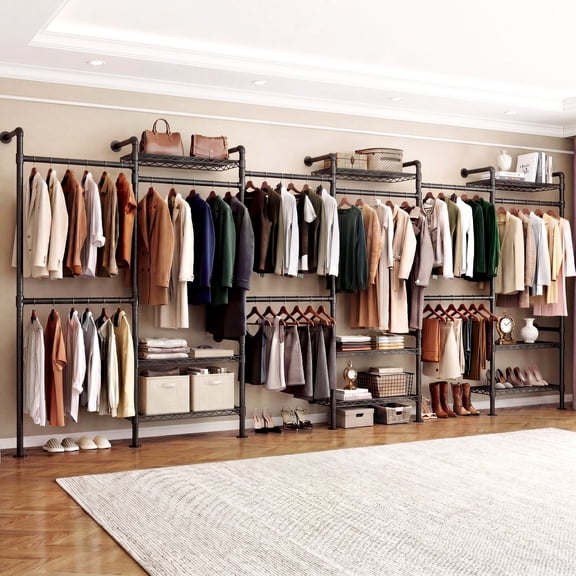 ROGALIS Industrial Pipe Cloth Rack, H6 Wall Mounted Closet System w/6 Telescopic Rods, Heavy Duty Closet Organizers and Storage in Wardrobe Closet w/3 Fixing Rods, 9 Shelves, Black