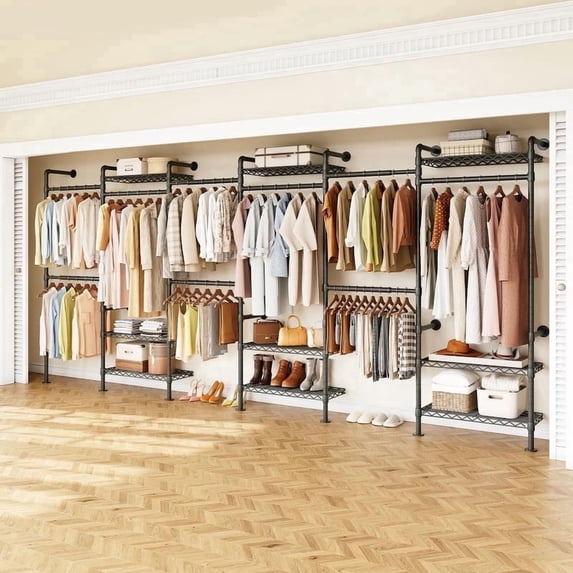 ROGALIS Industrial Pipe Cloth Rack, H6 Wall Mounted Closet System w/6 Telescopic Rods, Heavy Duty Closet Organizers and Storage in Wardrobe Closet w/3 Fixing Rods, 9 Shelves, Black