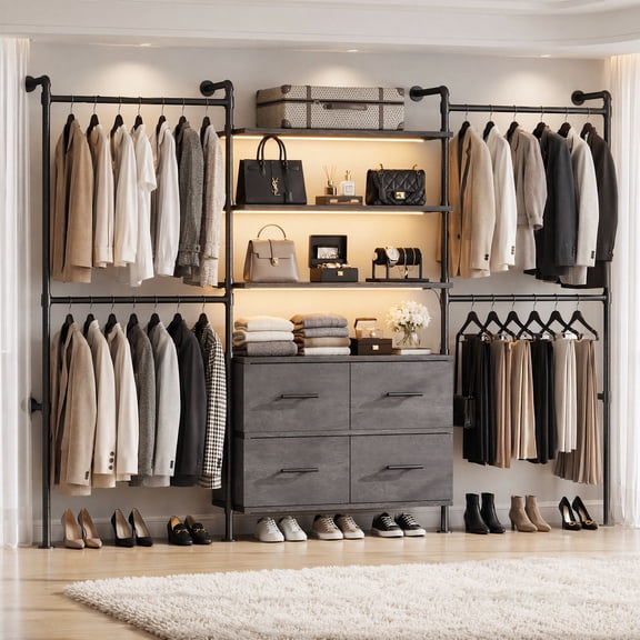 ROGALIS Industrial Pipe Clothing Rack w/LED Light, T3 Closet System w/ 4 Drawers, 6 Wooden Shelves, 4 Telescopic Rods, Heavy Duty Closet Organizers, Grey