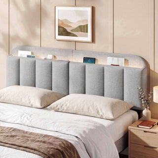 ROGALIS King Headboard with Storage Shelf , Upholstered Headboard with LED Light , Linen Fabric Headboard with Vertical Channel Design , Height Adjustable , Easy to Assemble, Light Grey