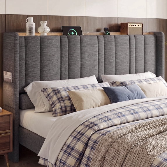 ROGALIS King Size Headboard with RGB LED Lights, Charging Station & Storage Shelf, Upholstered Linen Wingback Headboard with 2 Storage Pockets, High-Density Padded Backrest, Dark Gray