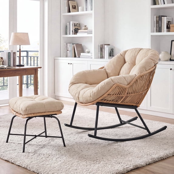 ROGALIS Rocking Chair with Ottoman,Wicker Papasan Rocking Chairs with Cushion,Indoor Outdoor Sturdy Metal Frame Lounge Rocker,Beige