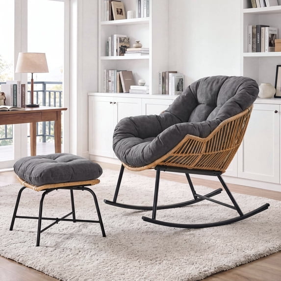 ROGALIS Rocking Chair with Ottoman,Wicker Papasan Rocking Chairs with Cushion,Indoor Outdoor Sturdy Metal Frame Lounge Rocker,Dark Gray