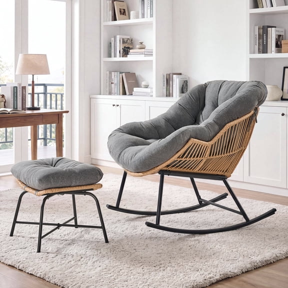 ROGALIS Papasan Rocking Chair with Ottoman, Oversized Wicker Rocker Chair with Thick Padded Cushion, Indoor Outdoor Accent Chair for Patio, Porch, Living Room, Garden,Light Gray