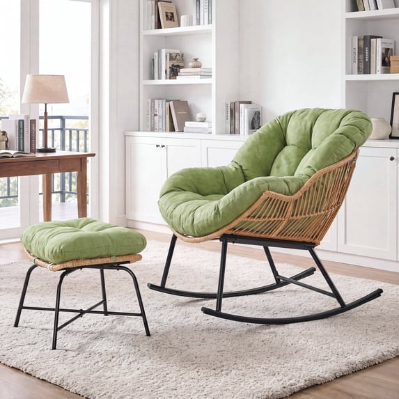 ROGALIS Rocking Chair with Ottoman,Wicker Papasan Rocking Chairs with Cushion,Indoor Outdoor Sturdy Metal Frame Lounge Rocker,Olive Green
