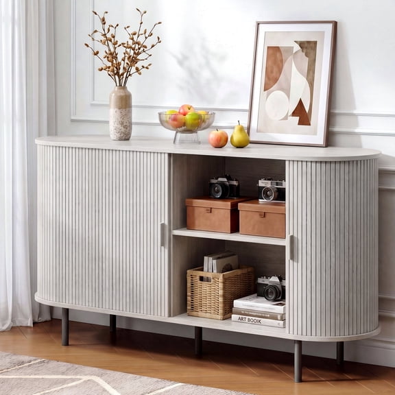 ROGALIS 55" Sliding Tambour Door Buffet Cabinet, Sideboard with Adjustable Shelves for Kitchen Living Room Hallway Entryway, Natural White