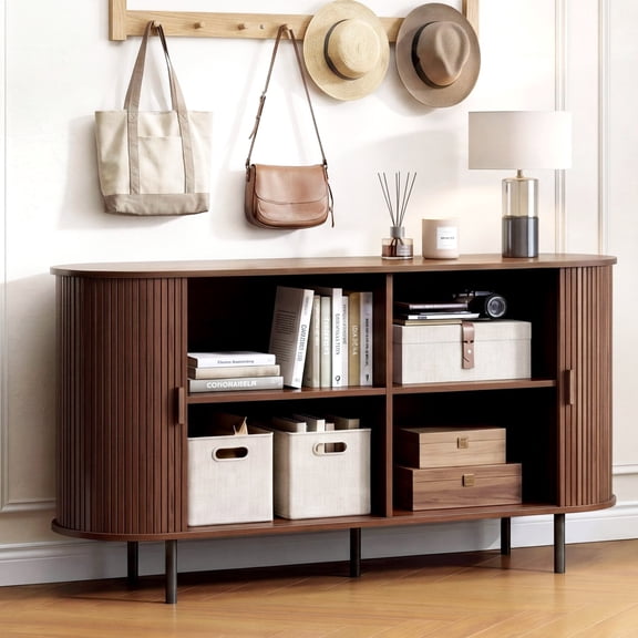 ROGALIS 55" Buffet Sideboard Cabinet with Storage, Modern Fluted Cabinet with Sliding Doors & Adjustable Shelf, Coffee Bar Accent Cabinet for Kitchen, Dining Room, Entryway, Walnut