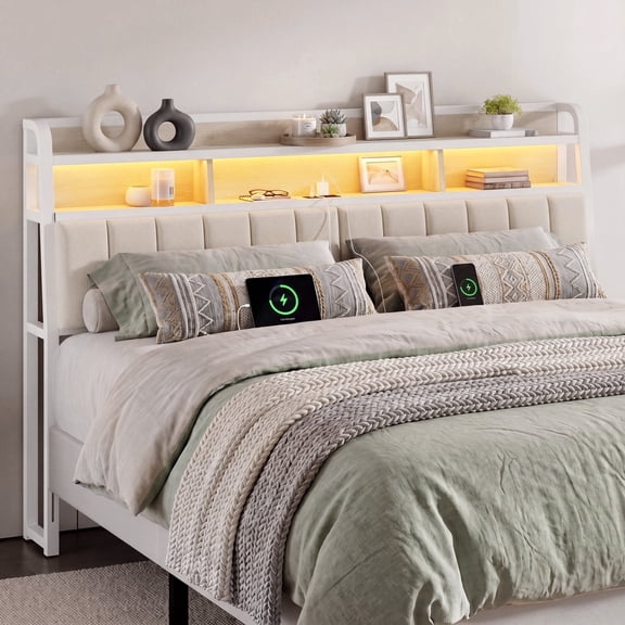 ROGALIS King Size Upholstered Headboard with 2-Tier Storage Shelf, RGB LED Light, Power Outlets & USB Ports, Height Adjustable, White, Headboard Only
