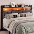 thumbnail image 1 of ROGALIS Queen Size Upholstered Headboard with 2-Tier Storage Shelf, RGB LED Light, Power Outlets & USB Ports, Height Adjustable, Brown & Grey, Headboard Only, 1 of 7