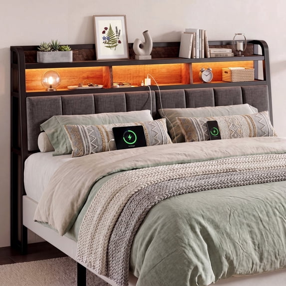 ROGALIS Queen Size Upholstered Headboard with 2-Tier Storage Shelf, RGB LED Light, Power Outlets & USB Ports, Height Adjustable, Brown & Grey, Headboard Only