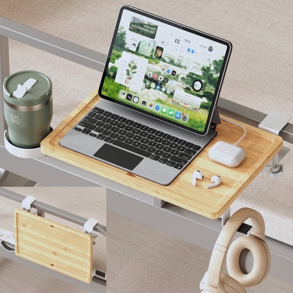 Sofinny Foldable Bedside Shelf Wood, Back to School Essentials, Clip-on Bed Side Table Tray for College Dorm Room Essentials with Cup Holder, Hooks