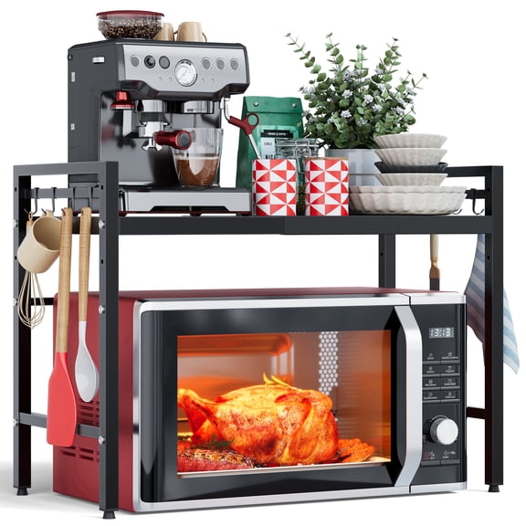 ROGE Expandable Microwave Stand,2 Tier Metal Kitchen Countertop Organizer Shelves with 8 Hooks,Bakers Rack,Microwave Shelf,Microwave Oven Rack,55lbs Weight Capacity