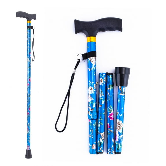 ROGTZ Folding Walking Cane, 5-Level Height Adjustable Walking Stick for Men & Women with Comfortable Plastic T-Handle Portable Walking Stick,Blue Floral Printing