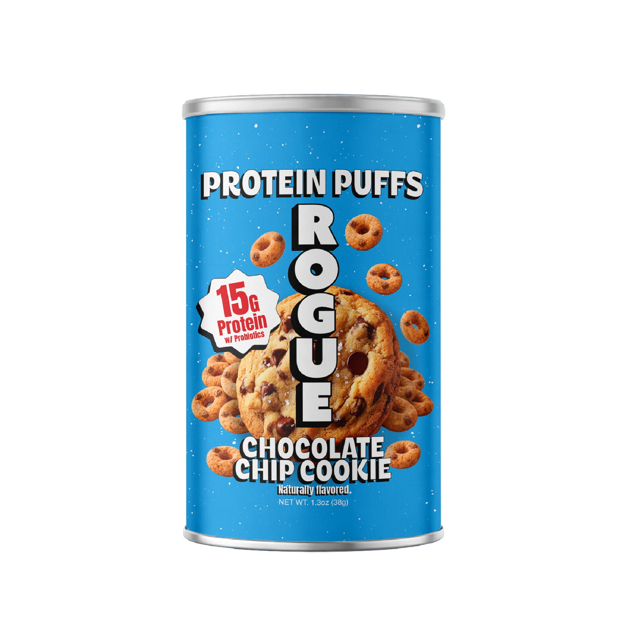 Rogue Snacks, Chocolate Chip Cookie Puffs, 15g Of Protein, Probiotics, 1.3 oz Can