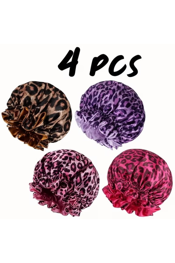 4 Pack Satin Sleeping Bonnet, Large Satin Sleep Bonnet with Long Strap, Adjustable Sleep Cap Hair Bonnet for Women & Men, leopards prints