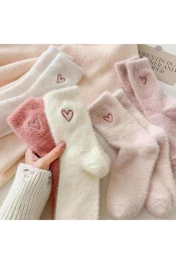 5 Pairs Heart Embroidery Socks, Cute & Warm Fluffy Thick Socks Women's Stockings &Hosiery Soft Ankle Socks Fit Fuzzy Stretchy Everyday Embroidered