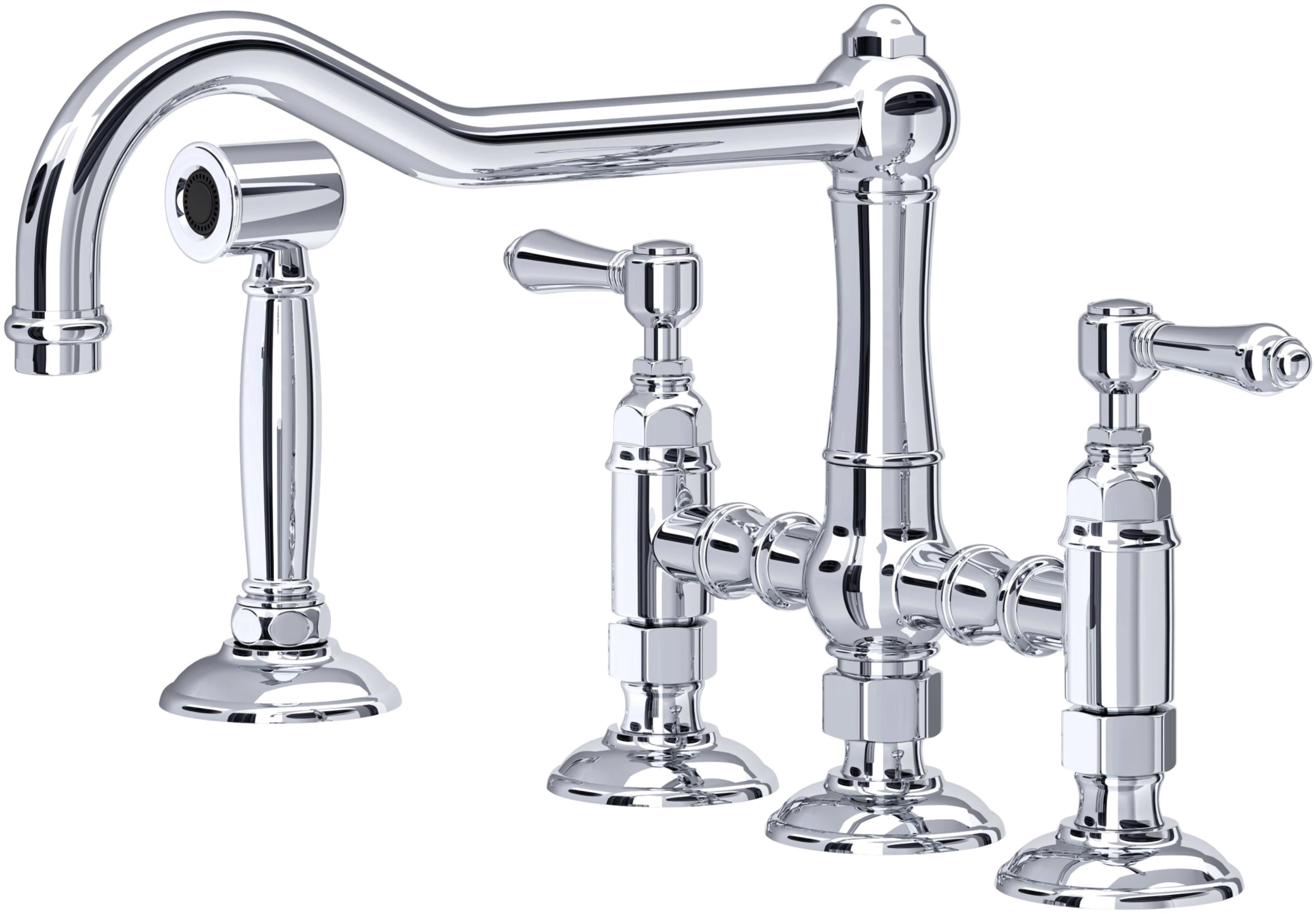 ROHL Italian Kitchen Acqui Three Leg Bridge Faucet with Metal Levers Sidespray And 9" Reach Column Spout In Polished Chrome