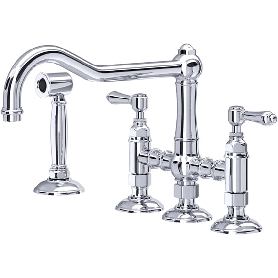 ROHL Italian Kitchen Acqui Three Leg Bridge Faucet with Metal Levers Sidespray And 9" Reach Column Spout In Polished Chrome