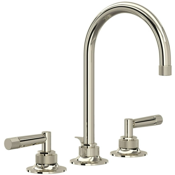 ROHL Michael Berman Graceline Deck Mounted Widespread Lavatory Faucet with 6 1/2" Reach C-spout Pop-up Waste and Metal Levers in Polished Nickel