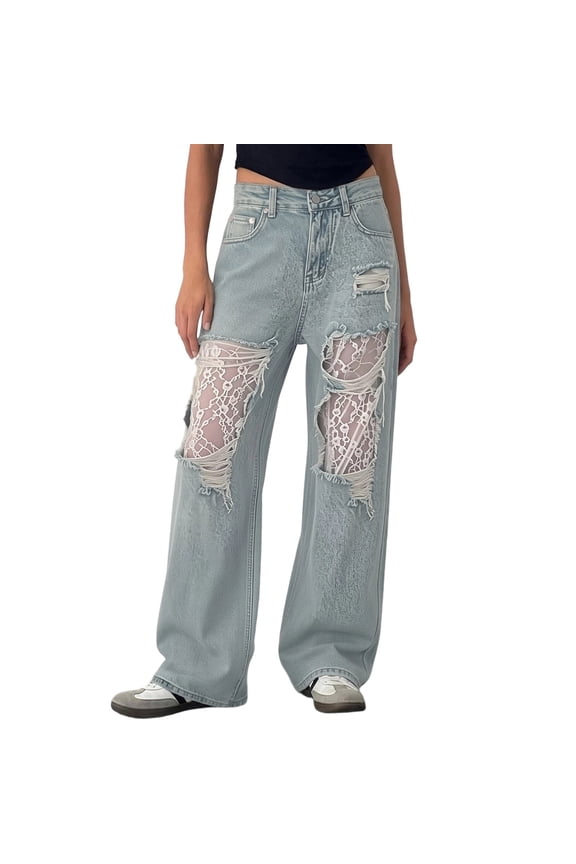 Baggy Jeans for Women Cotton Blend Lace Panel Wide Leg Ripped Distressed Pull On Stretchy Mid Rise Denim Pants Light Blue