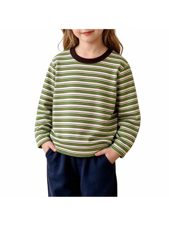 Boys Girls Stripe Pullover Blouses Crew Neck Long Sleeve Tops Contrast Basic Shirt for Daily Wear 2-12 Years Green