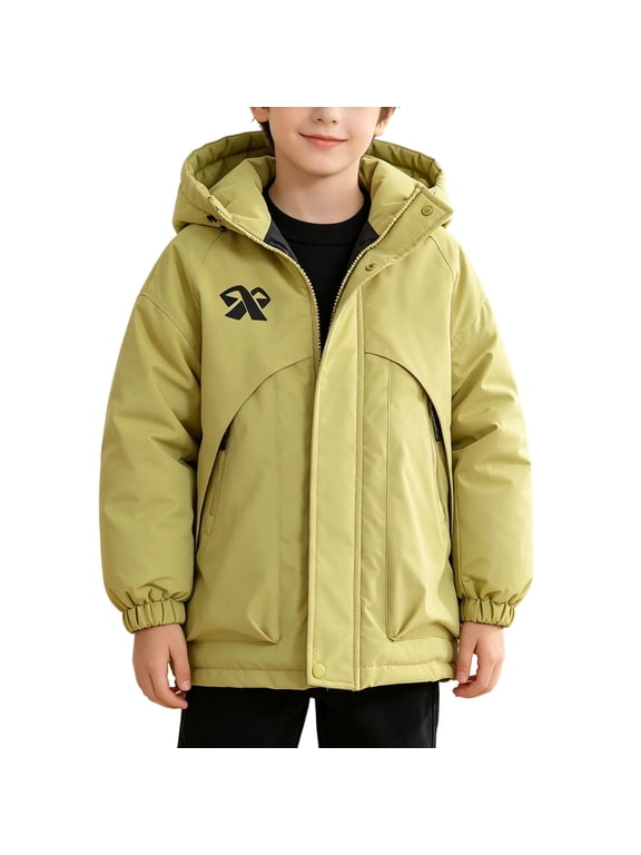 Boys Hooded Puffer Jacket Zip Up Quilted Winter Coat with Snap Buttons for School Outdoor Wear 5-15 Years Green