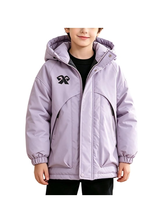 Boys Hooded Puffer Jacket Zip Up Quilted Winter Coat with Snap Buttons for School Outdoor Wear 5-15 Years Purple