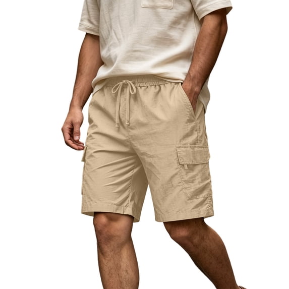 ROHUUQUE Cargo Shorts for Men Drawstring Elastic Waist Straight Leg Solid Summer Bottoms with Pockets Khaki
