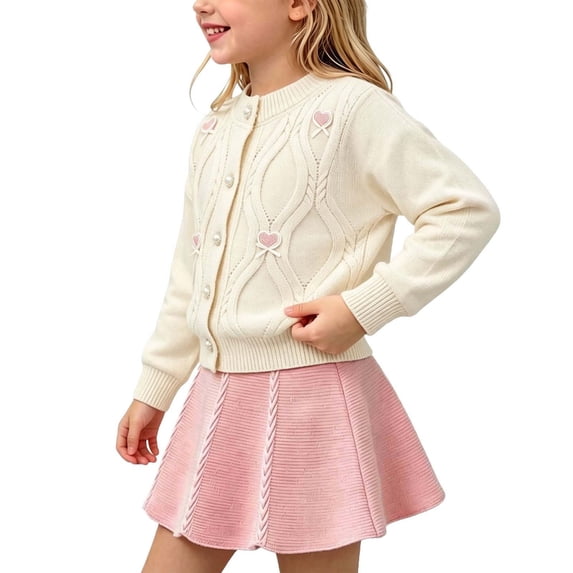 ROHUUQUE Girls 2 Piece Knit Set Button Down Cardigan and Skirt Set Long Sleeve Crewneck Fall Winter Outfit White