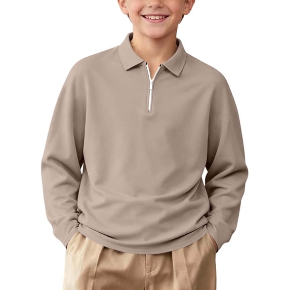 ROHUUQUE Girls Boys Half Zip Sweatshirt Collared Shirt Solid Color Long Sleeve Pullover Tops Fall Clothes for Toddler Teen 3-15 Years Khaki