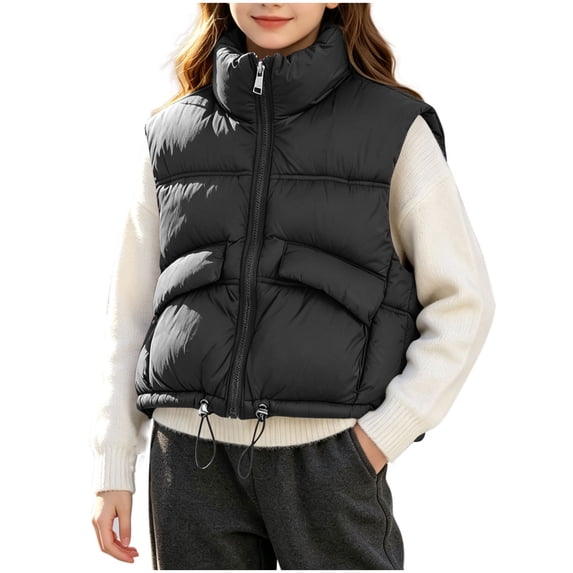 ROHUUQUE Girls Boys Stand Collar Quilted Puffer Vest Zip Up Sleeveless Adjustable Hem Unisex Jacket for School Casual Wear 3-13 Years Black