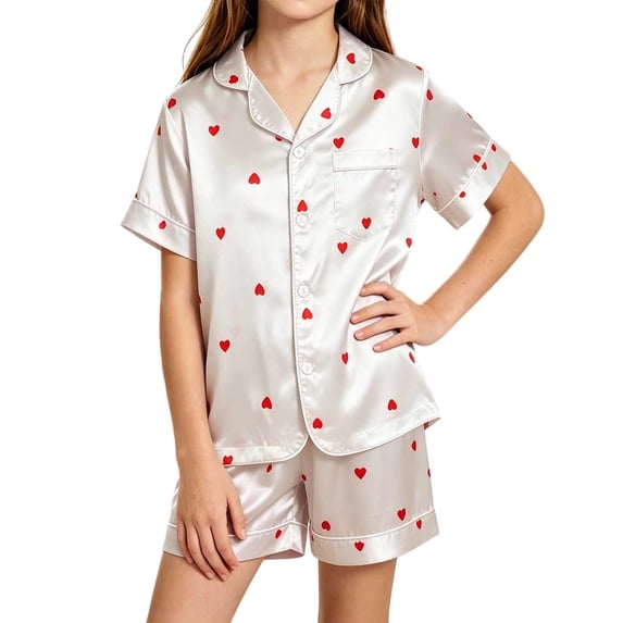 ROHUUQUE Girls' Heart Print Satin Lounge Set Short Sleeve Sleep Top and Shorts Button-Down Lapel Soft Silky Nightwear for Teens 5-16 Years White
