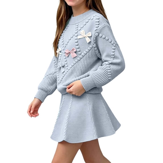 ROHUUQUE Girls Knit 2 Piece Set Long Sleeve Crewneck Pullover Top and Skirt Fall Winter Casual Outfit Light Blue