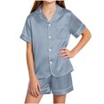 thumbnail image 1 of ROHUUQUE Girls' Solid Color Satin Lounge Set Short Sleeve Button-Down Sleep Top and Shorts Soft Nightwear for Teens 5-16 Years Dark Blue, 1 of 8