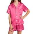 thumbnail image 1 of ROHUUQUE Girls' Solid Color Satin Lounge Set Short Sleeve Button-Down Sleep Top and Shorts Soft Nightwear for Teens 5-16 Years Hot Pink, 1 of 8