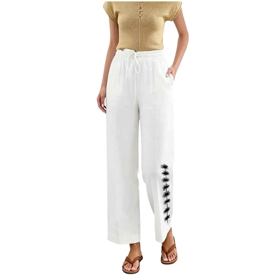 ROHUUQUE Jogger Pants for Women Cotton Linen Mid Rise Elastic WaistSolid Loose Cropped Trousers with Side Pockets Side Button White