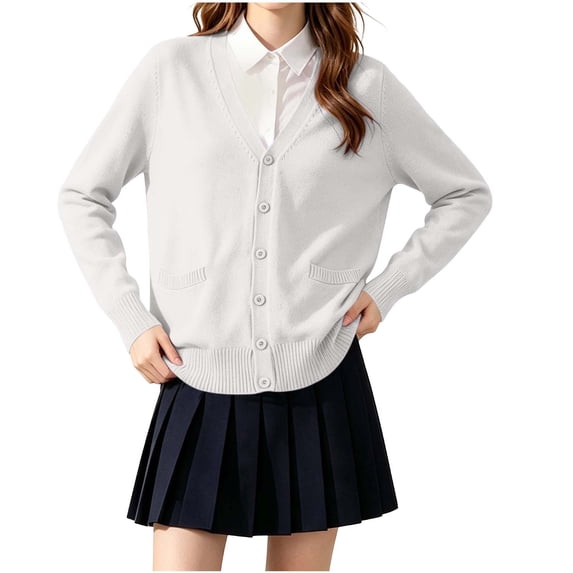 ROHUUQUE Kids Girls Cardigan School Uniforms Sweater Solid Color V-neck Unisex Button Long Sleeve Basic Knit Tops for 5-17 Years White