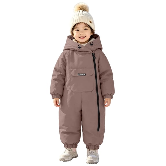 ROHUUQUE Kids Hooded Snowsuit Zip Up One Piece Solid Color Long Sleeves Jumpsuit for Outdoor Play 1-6 Years Brown