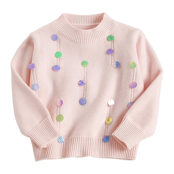 ROHUUQUE Little Girl Knit Sequined Sweater Toddler Girls Long Sleeve Crew Neck Pullover for Festival Part 02-Pink