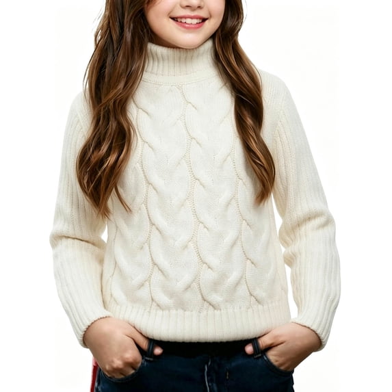 ROHUUQUE Little Girls Solid Turtleneck Sweaters Christmas Winter Tops Kids Long Sleeve Cable Knit Casual Winter Pullover for 1-10 Years White