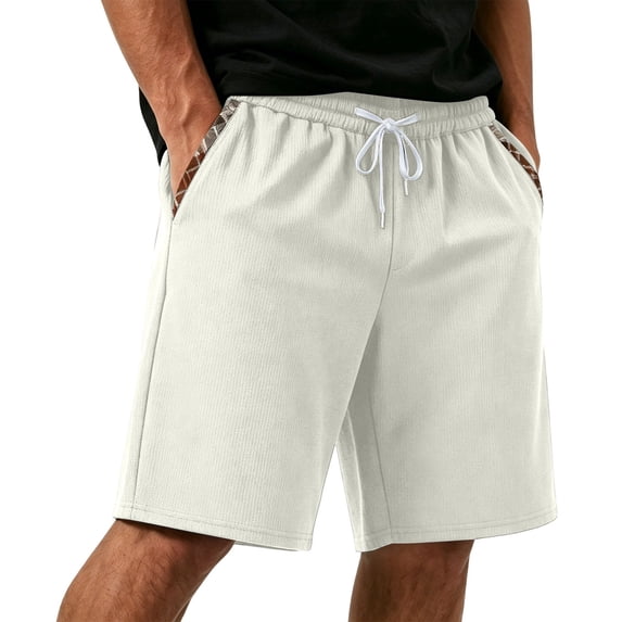 ROHUUQUE Men Waffle Shorts Drawstring Elastic Waist Straight Leg Solid Summer Bottoms with Pockets Beige