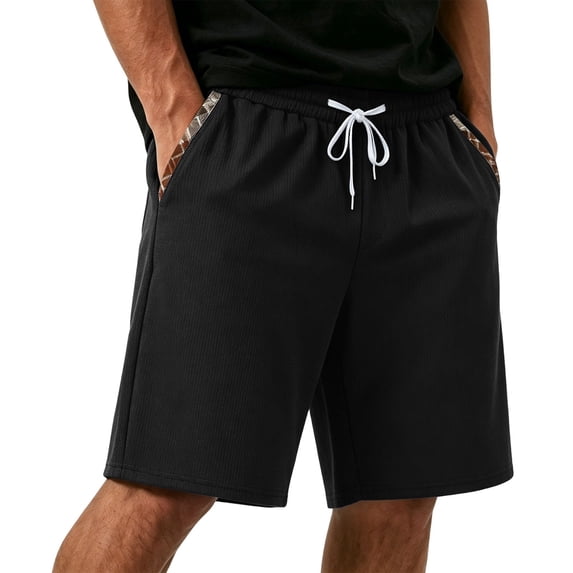 ROHUUQUE Men Waffle Shorts Drawstring Elastic Waist Straight Leg Solid Summer Bottoms with Pockets Black