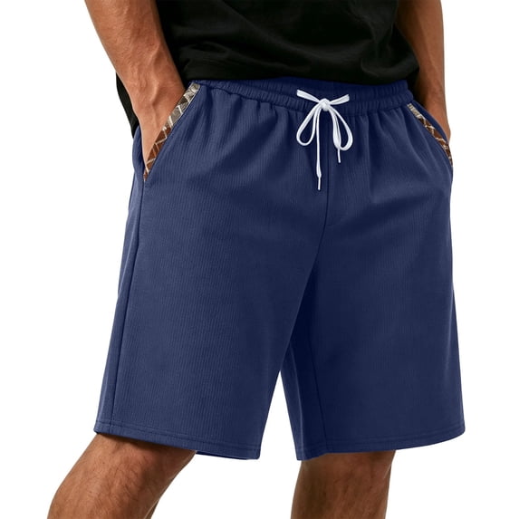 ROHUUQUE Men Waffle Shorts Drawstring Elastic Waist Straight Leg Solid Summer Bottoms with Pockets Navy