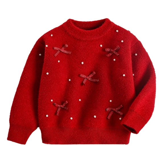 ROHUUQUE Toddler Girl Knit Sweater Cute Bow Pearl Long Sleeve Crewneck Christmas Pullover Back to School Clothes 2-9 Years Red