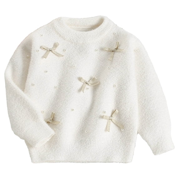 ROHUUQUE Toddler Girl Knit Sweater Cute Bow Pearl Long Sleeve Crewneck Christmas Pullover Back to School Clothes 2-9 Years White